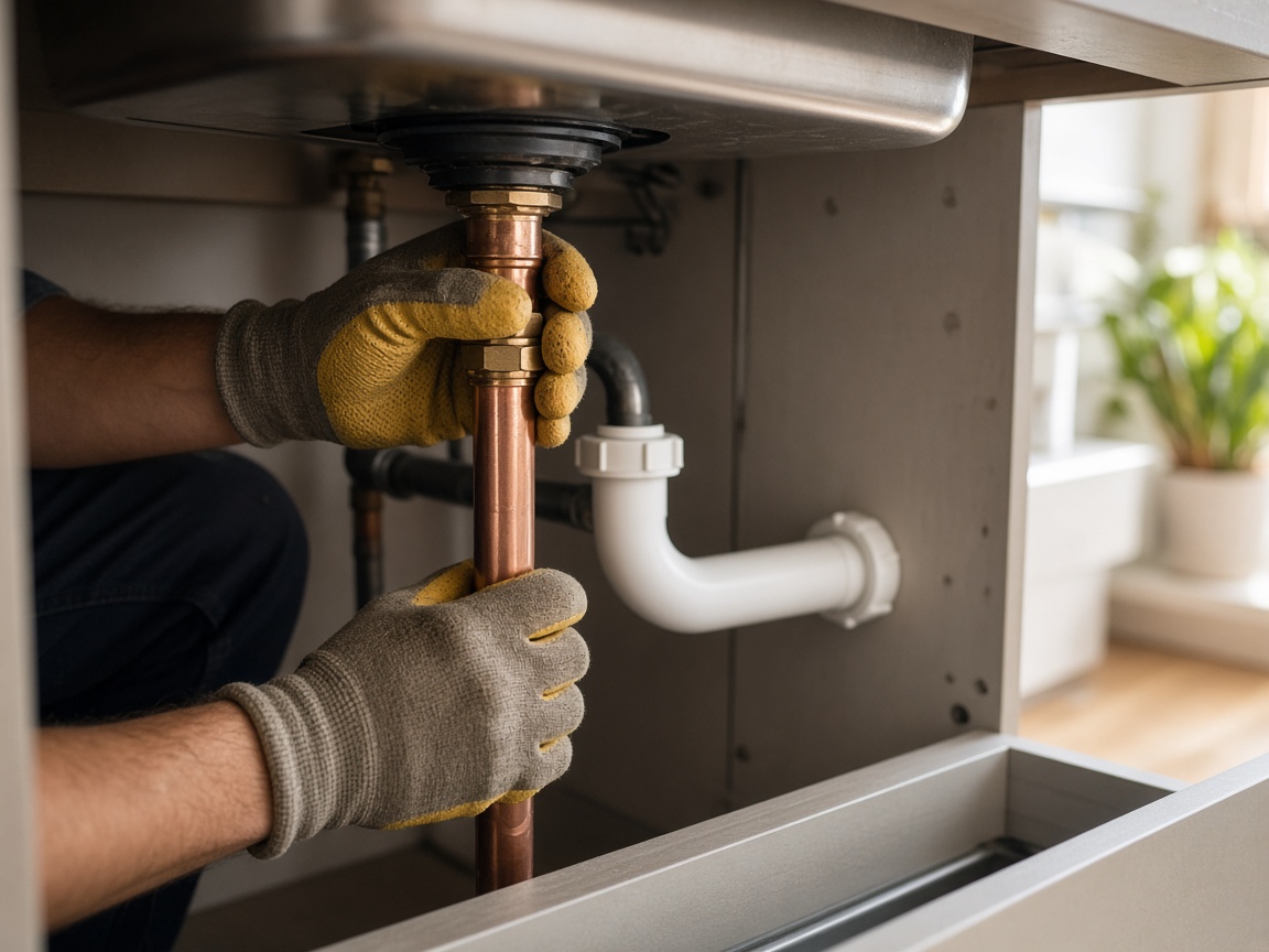 Plumber tightening a copper pipe fitting under a sink